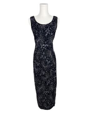 Jessica McClintock Black Velvet Floral Sparkly Sleeveless Bottom Slit Maxi Dress